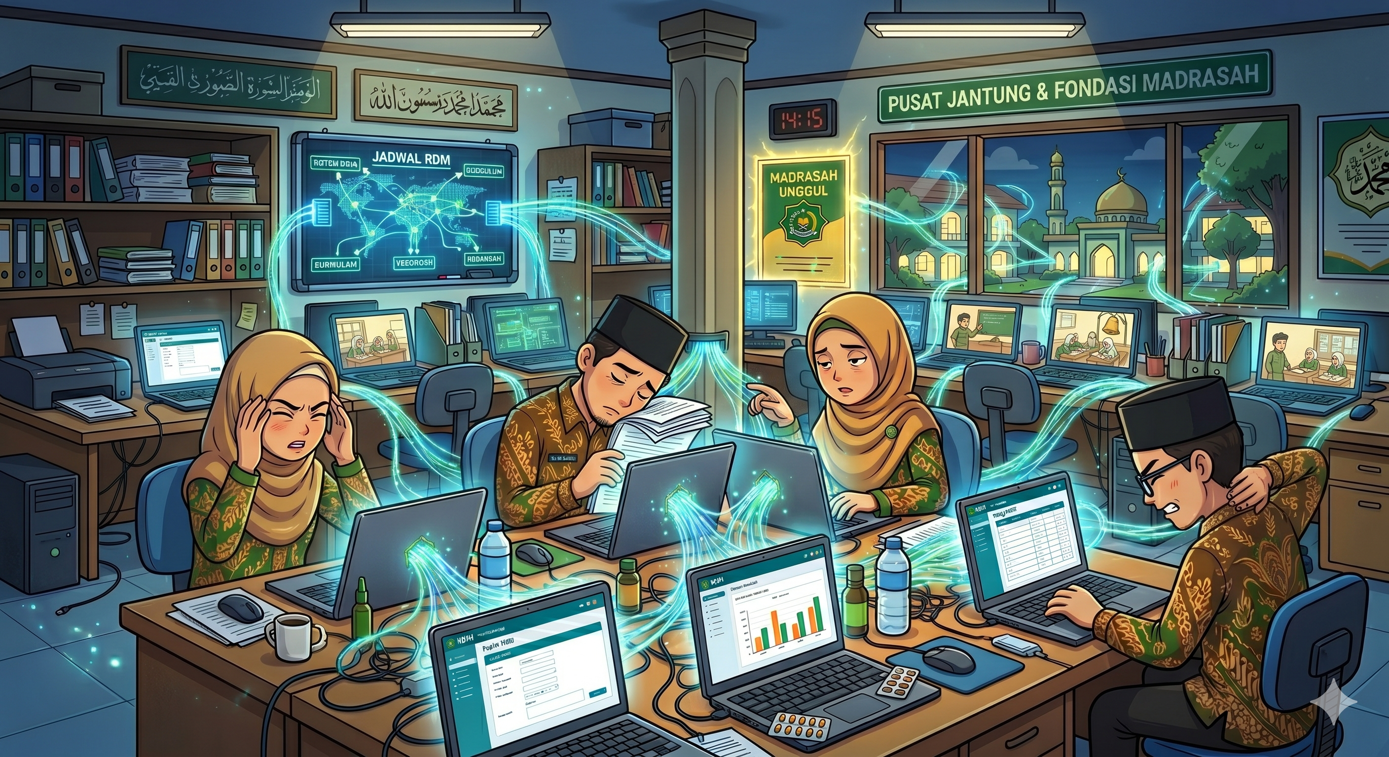 Keluarga melihat rapor digital di tablet